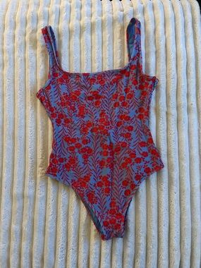 Diane Von Furstenberg Red Floral One-Piece Swimsuit on Blue